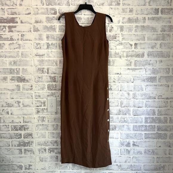 Vintage PATRICK 100% Silk Maxi Dress Brown Button Up Slit Women’s Size 10 - Picture 1 of 11